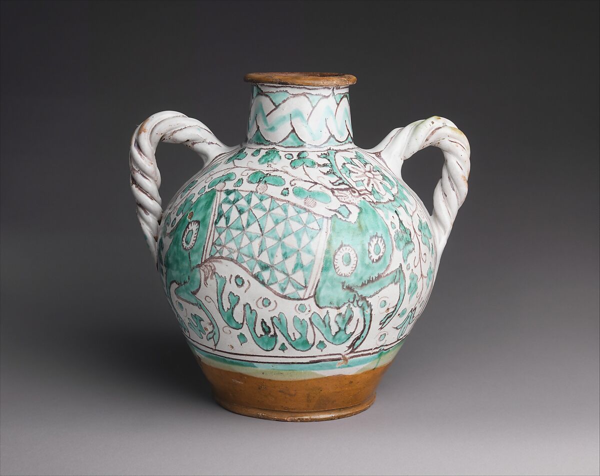 Two-Handled Jar with Stag, Tin-glazed earthenware, Italian