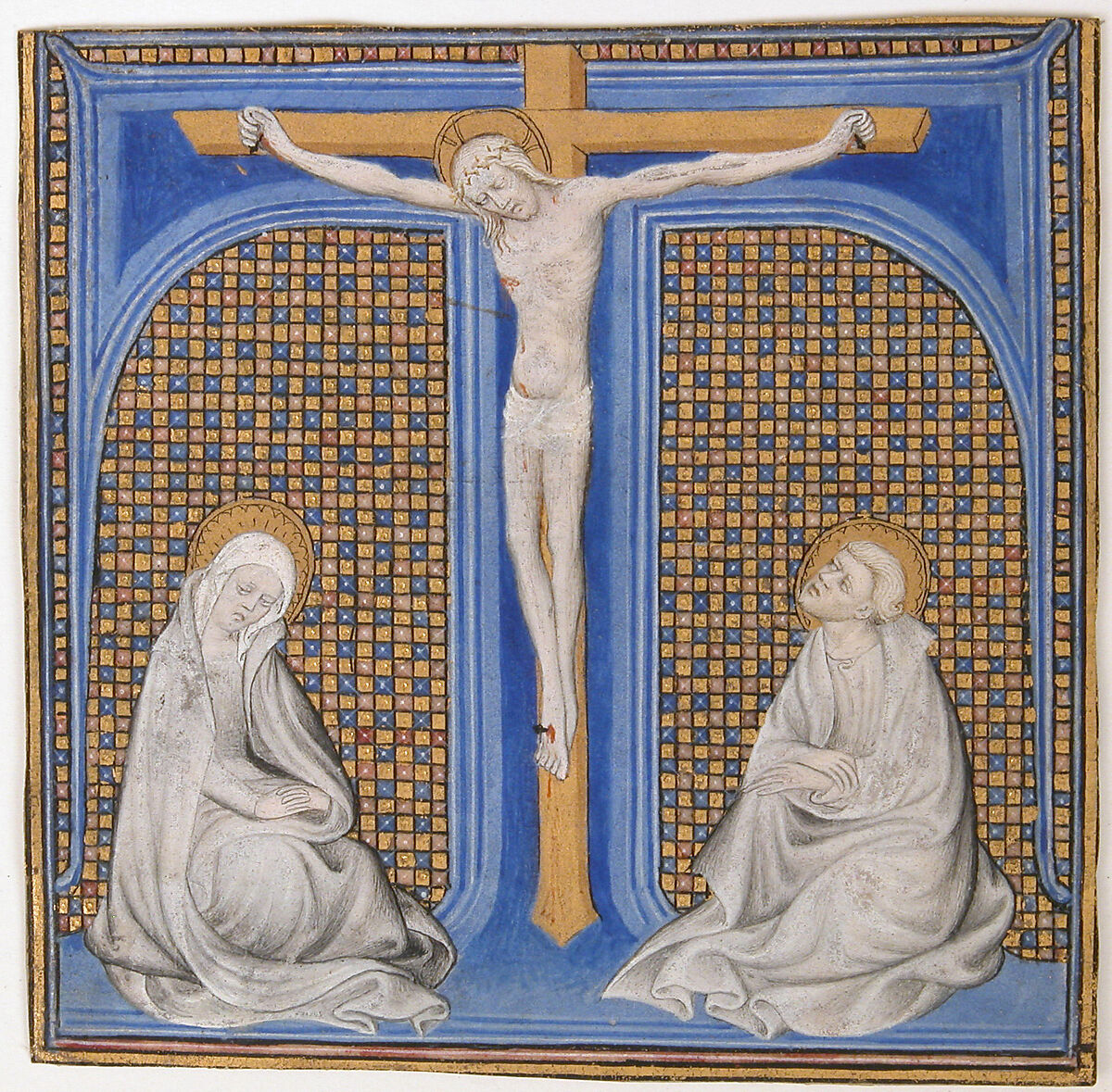 Manuscript Illumination with Crucifixion in an Initial T, from a Missal, Tempera, ink and gold on parchment, French 