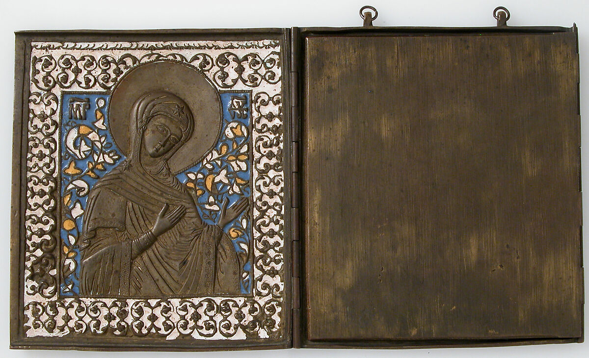 Triptych with Christ, Virgin, St. John The Baptist, Brass, surrey enamel, Russian