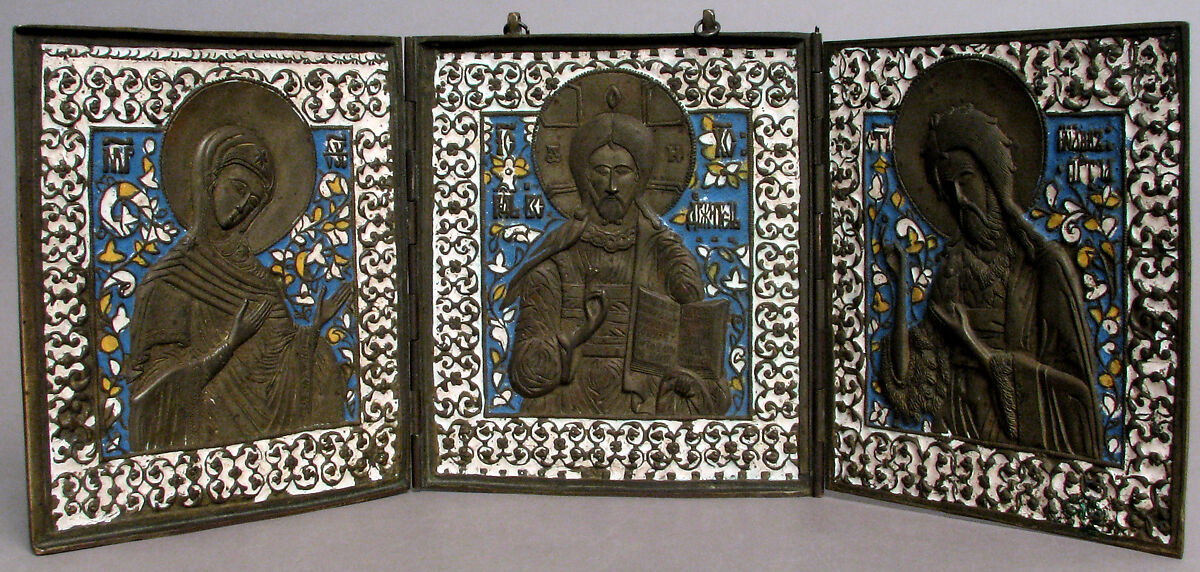 Triptych with Christ, Virgin, St. John The Baptist, Brass, surrey enamel, Russian 