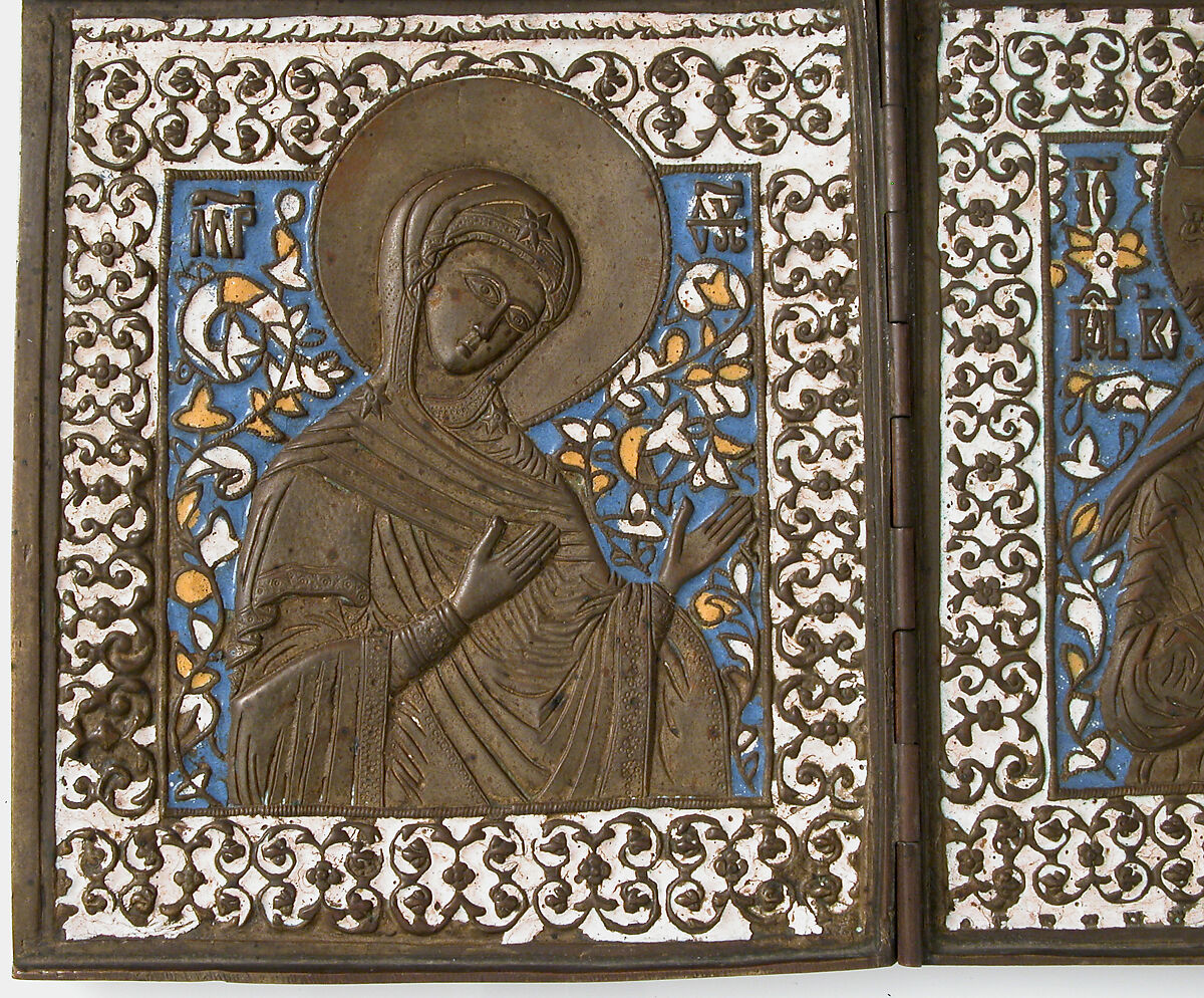 Triptych with Christ, Virgin, St. John The Baptist, Brass, surrey enamel, Russian