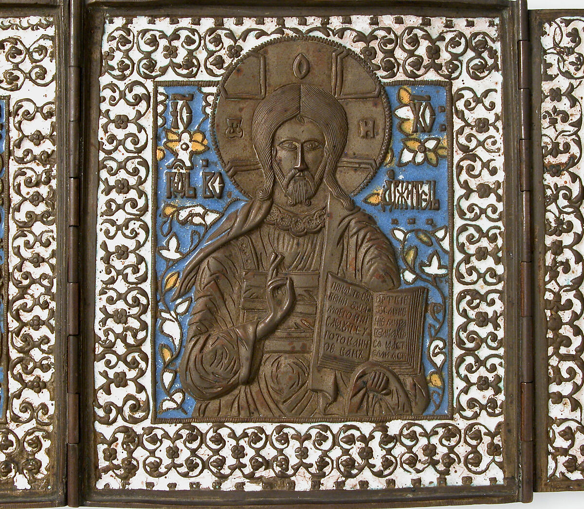 Triptych with Christ, Virgin, St. John The Baptist, Brass, surrey enamel, Russian