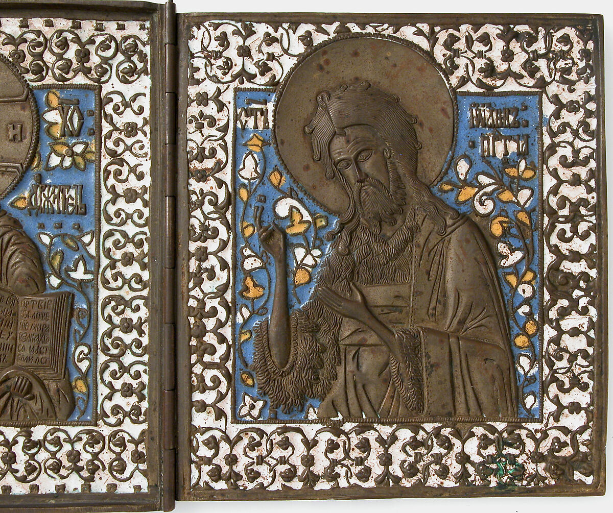 Triptych with Christ, Virgin, St. John The Baptist, Brass, surrey enamel, Russian