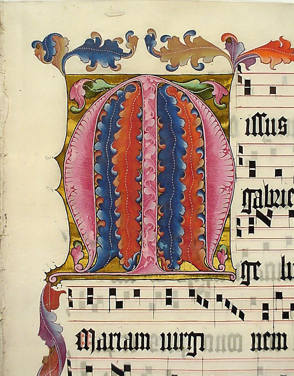 Manuscript Leaf with the Initial M, from an Antiphonary, Tempera, ink, and metal leaf on parchment, German