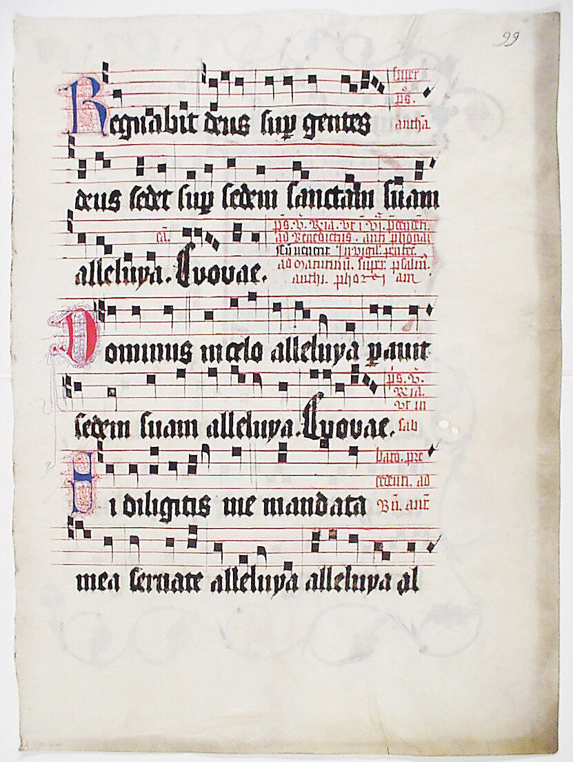Manuscript Leaf with Initial V, from an Antiphonary, Tempera, ink, and metal leaf on parchment, German
