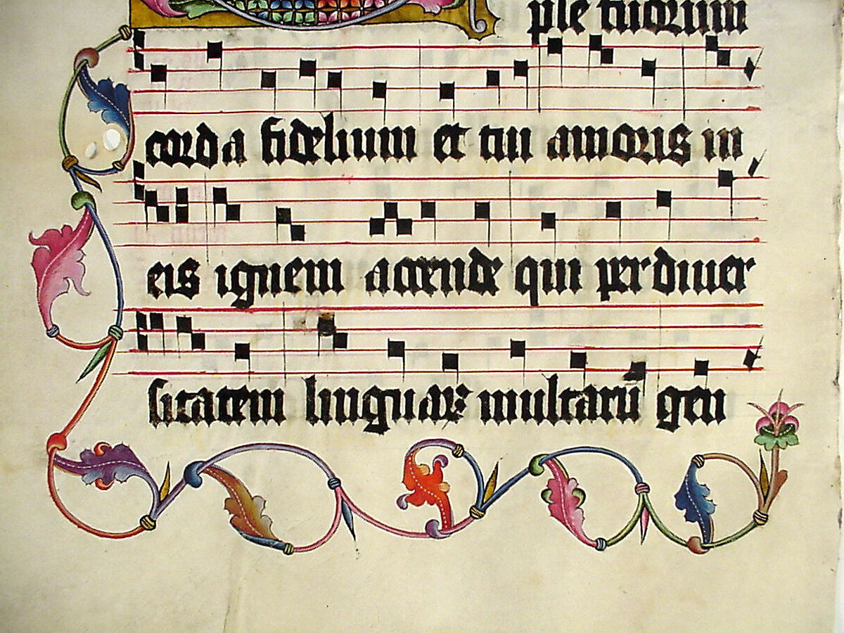 Manuscript Leaf with Initial V, from an Antiphonary, Tempera, ink, and metal leaf on parchment, German