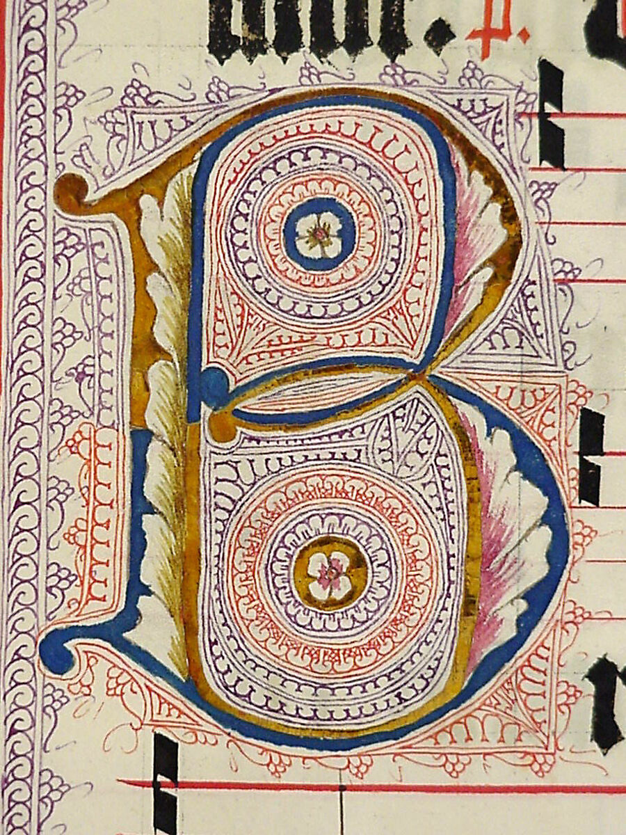 Manuscript Leaf with Initial B, from an Antiphonary, Tempera, ink, and metal leaf on parchment, German