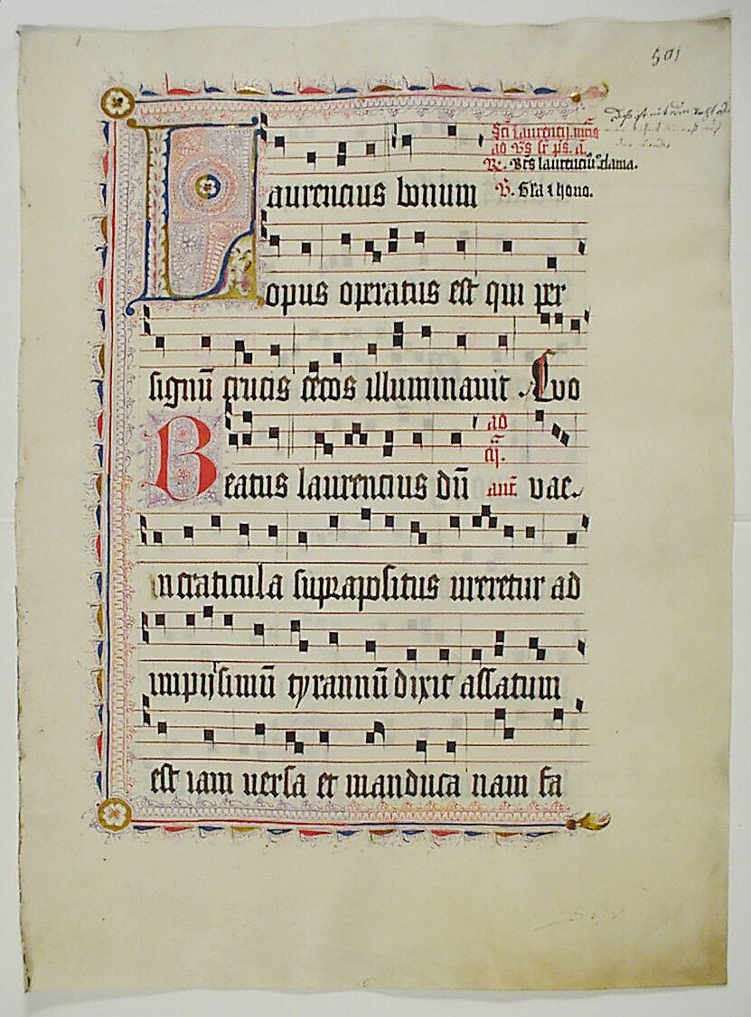 Manuscript Leaf with Initial L, from an Antiphonary, Tempera, ink, and metal leaf on parchment, German 