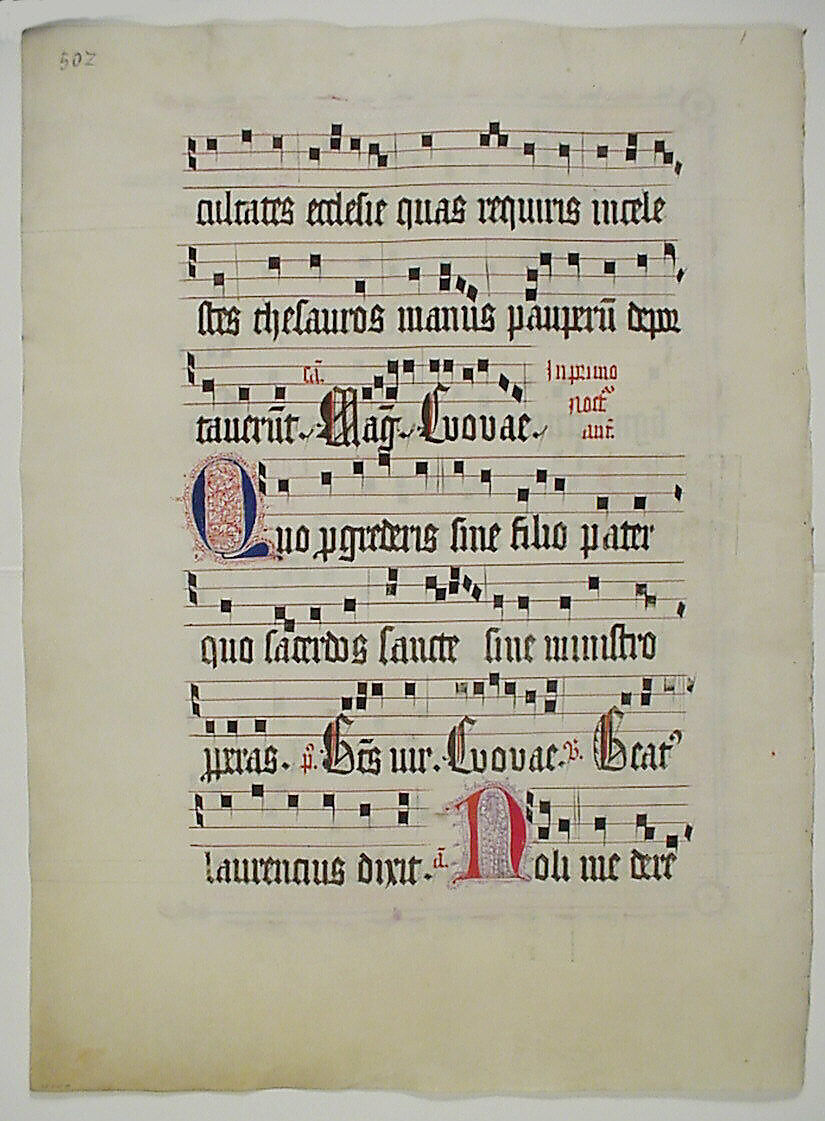 Manuscript Leaf with Initial L, from an Antiphonary, Tempera, ink, and metal leaf on parchment, German
