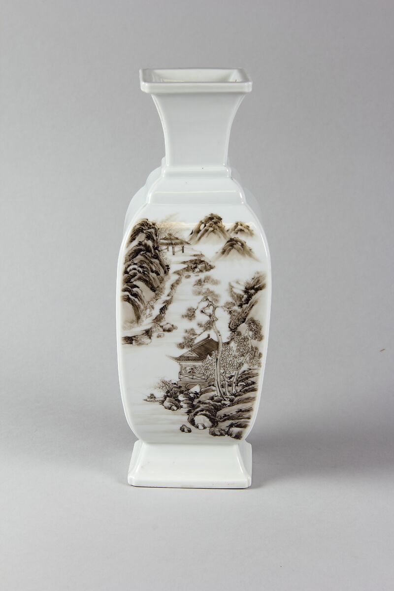 Vase with landscape, Porcelain painted in overglaze black and red enamels (Jingdezhen ware), China