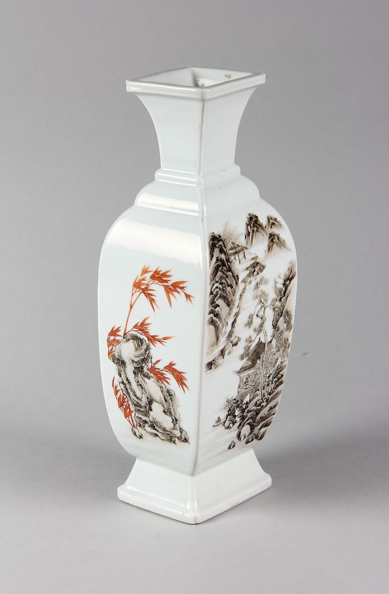 Vase with landscape, Porcelain painted in overglaze black and red enamels (Jingdezhen ware), China