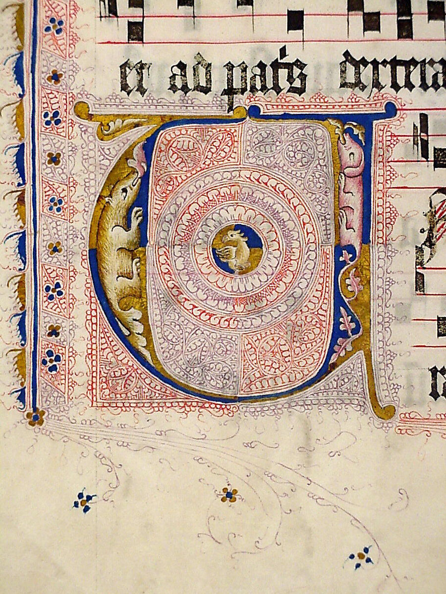 Manuscript Leaf with Initial V, from an Antiphonary, Tempera, ink, and metal leaf on parchment, German