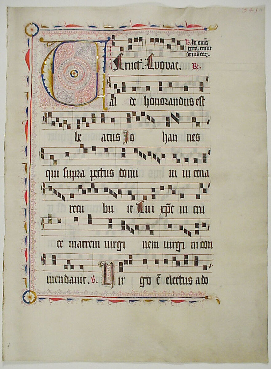 Manuscript Leaf with Initial V, from an Antiphonary, Tempera, ink, and metal leaf on parchment, German 