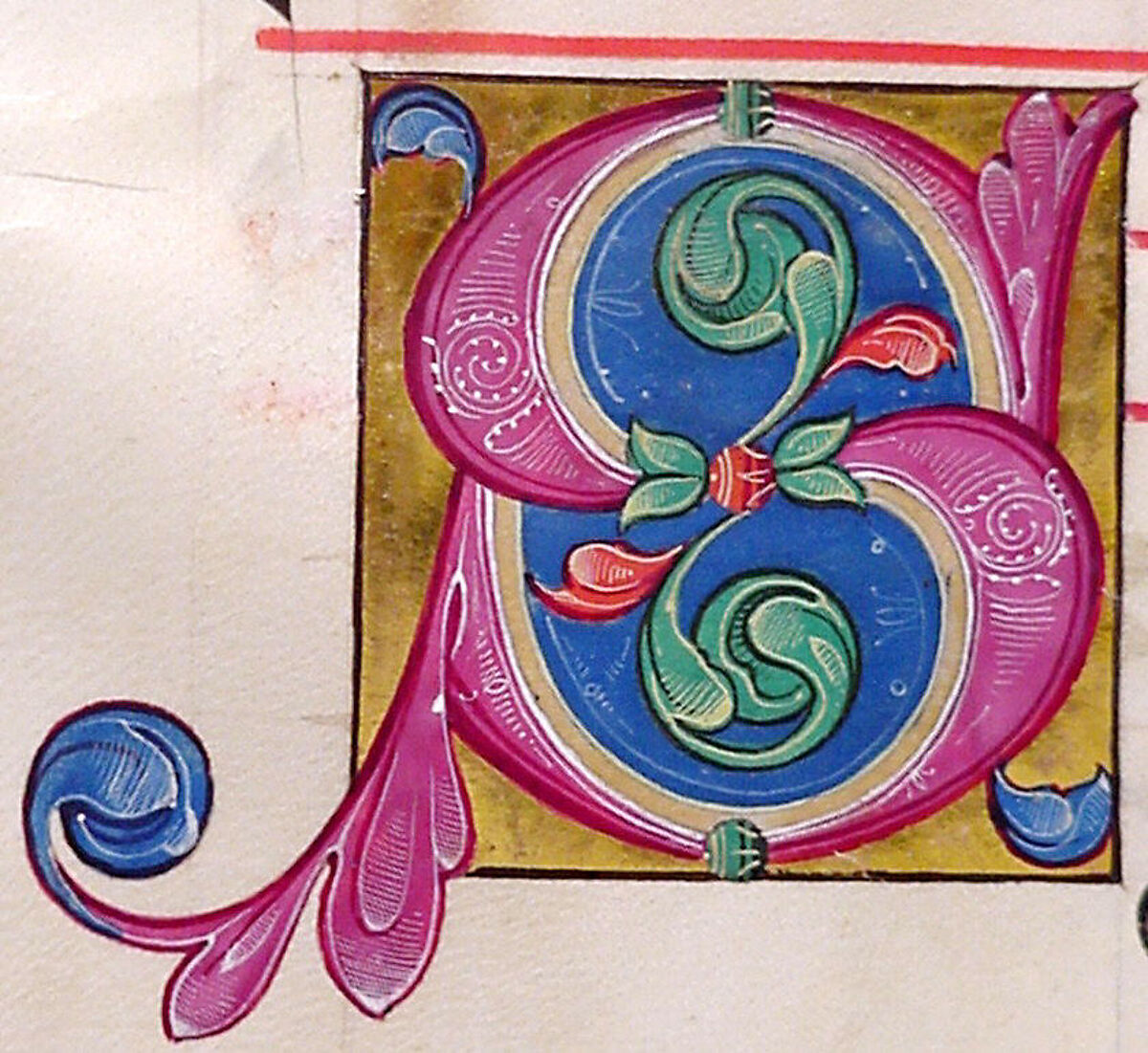 Manuscript Leaf with Initial S, from a Choir Book, Tempera, ink, and metal leaf on parchment, Italian