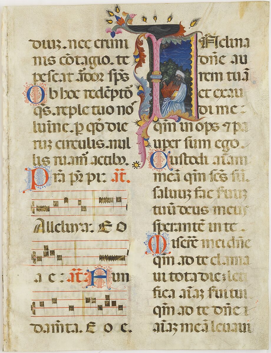 Manuscript Leaf with King David in an Initial I, from a Psalter, Tempera, gold, and ink on parchment, North Italian