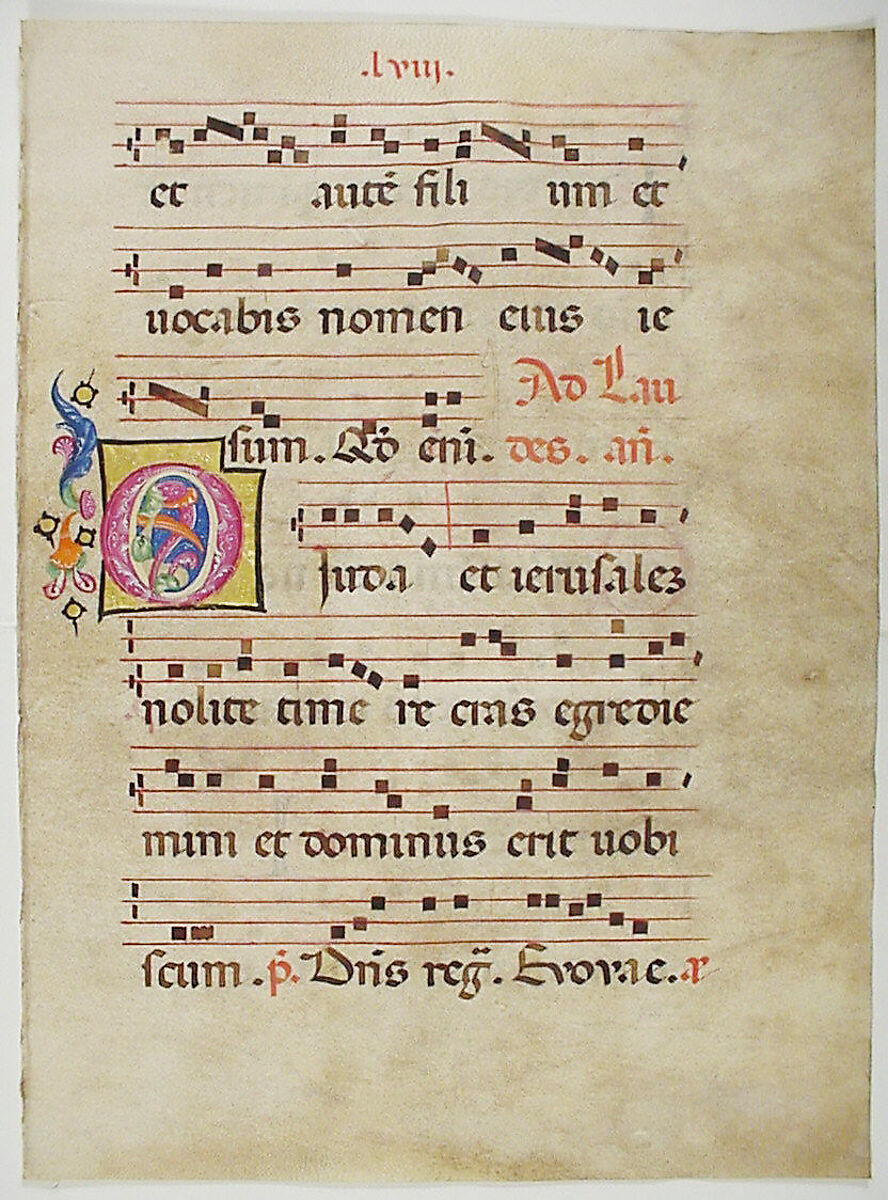 Manuscript Leaf with Initial O, from an Antiphonary, Tempera, ink, and metal leaf on parchment, Italian 
