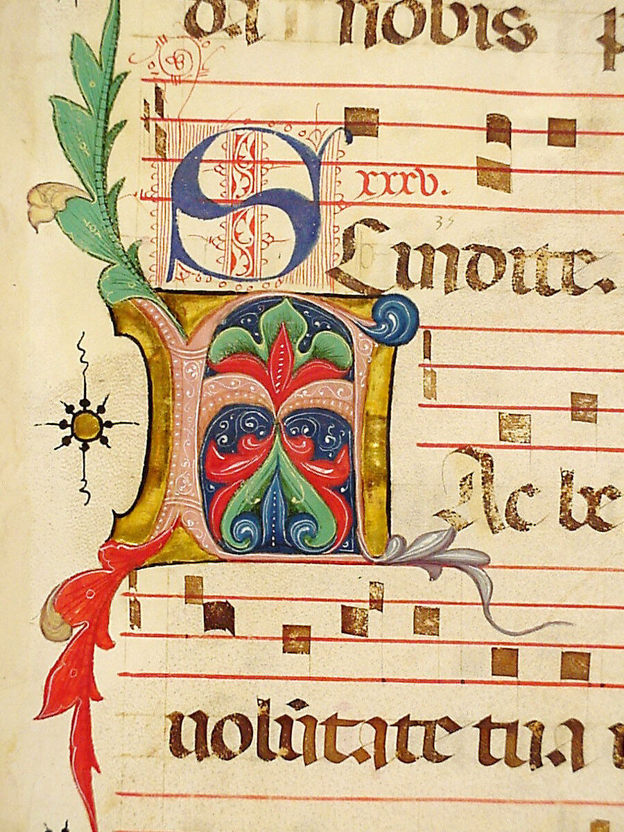 Manuscript Leaf with Initial A, from an Antiphonary, Tempera, ink, and metal leaf on parchment, Italian