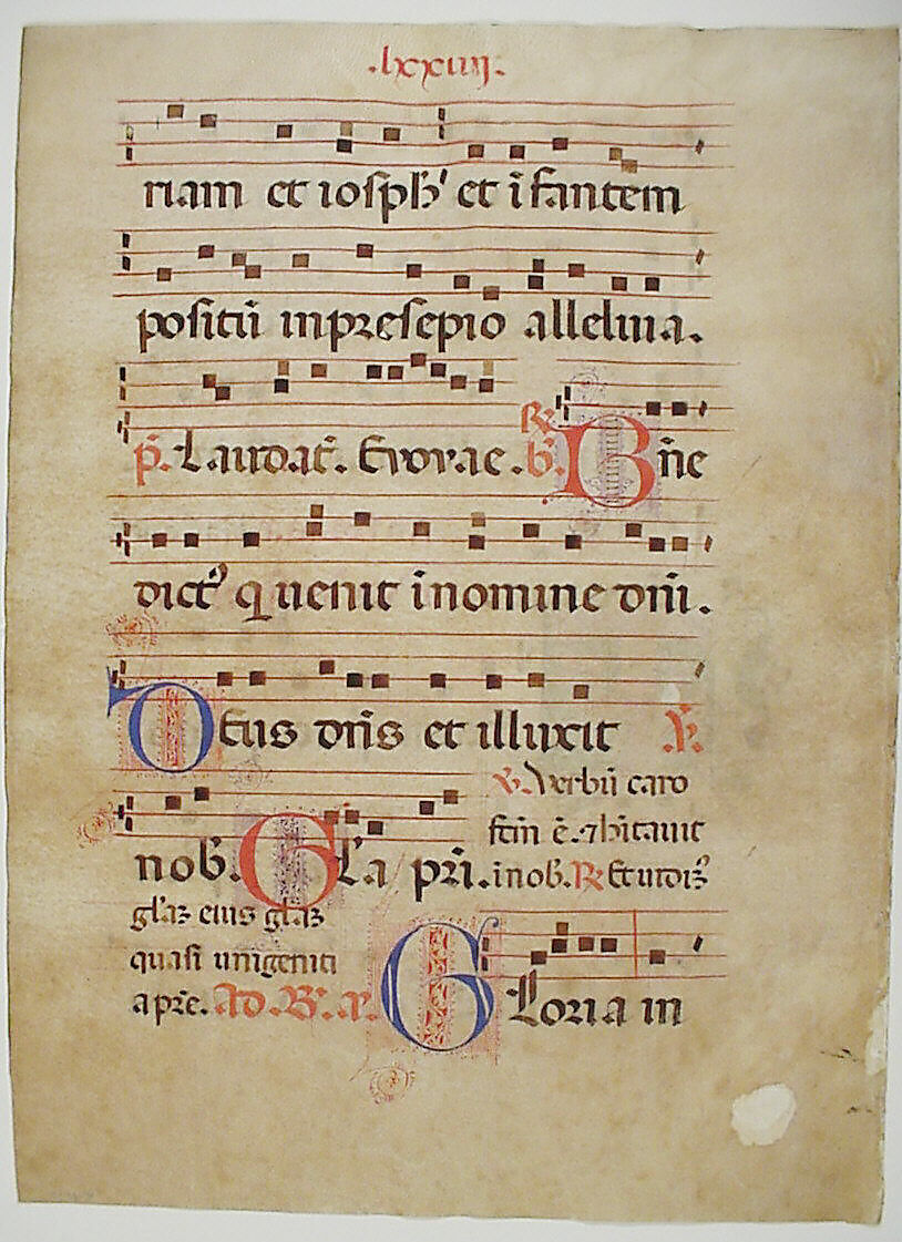 Manuscript Leaf with Initial T, from an Antiphonary, Tempera, ink, and metal leaf on parchment, Italian