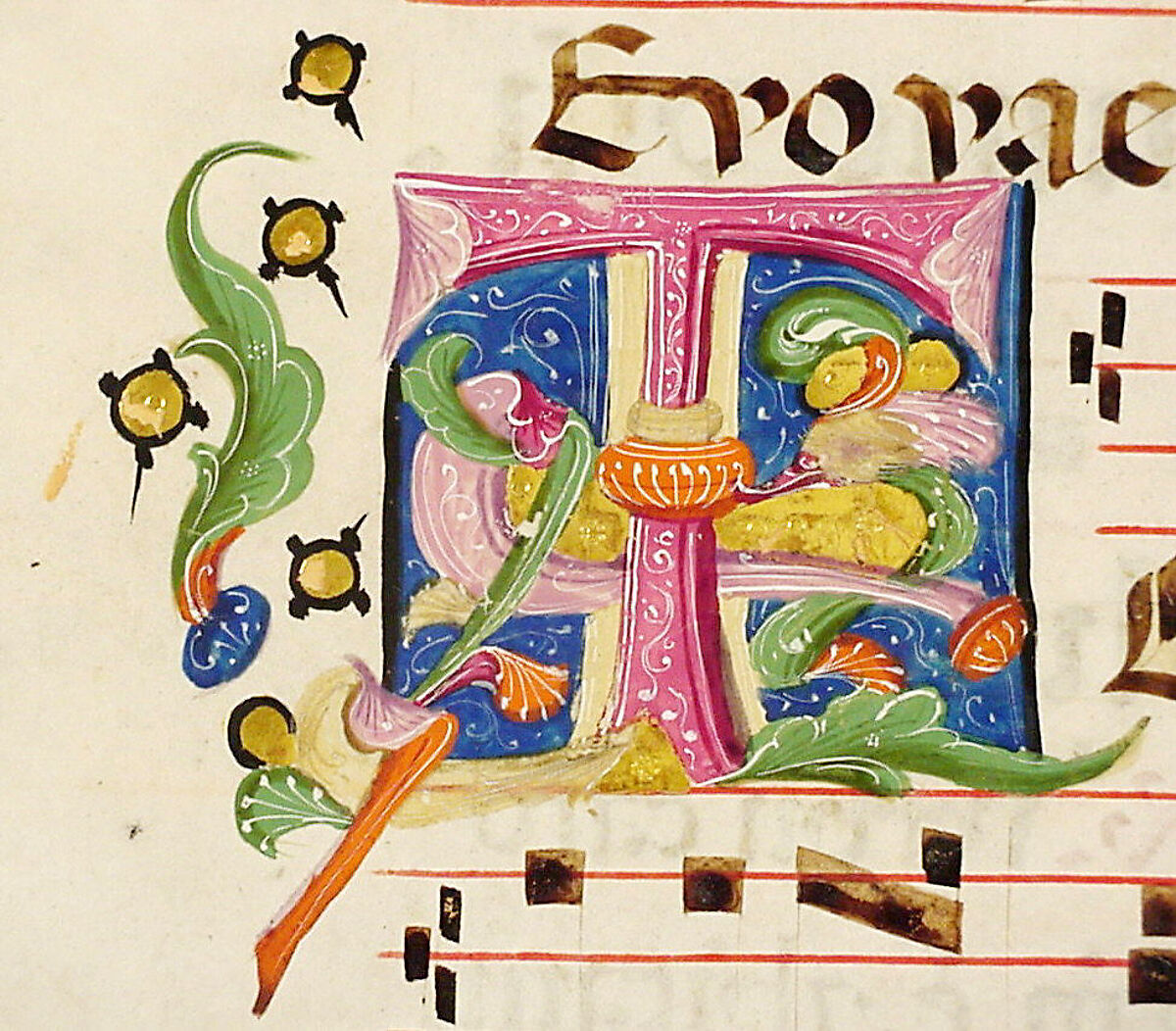 Manuscript Leaf with Initial T, from an Antiphonary, Tempera, ink, and metal leaf on parchment, Italian