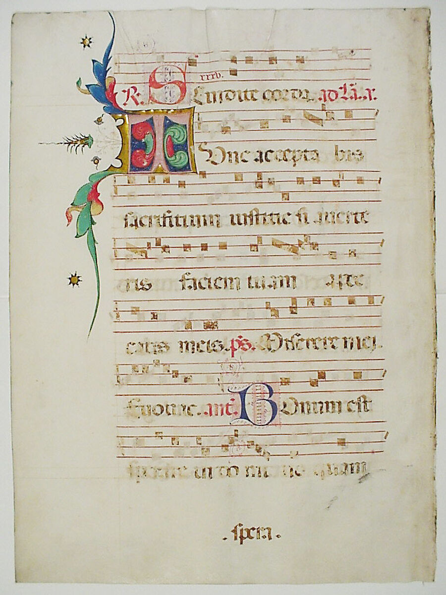 Manuscript Leaf with Initial T, from an Antiphonary, Tempera, ink, and metal leaf on parchment, Italian 