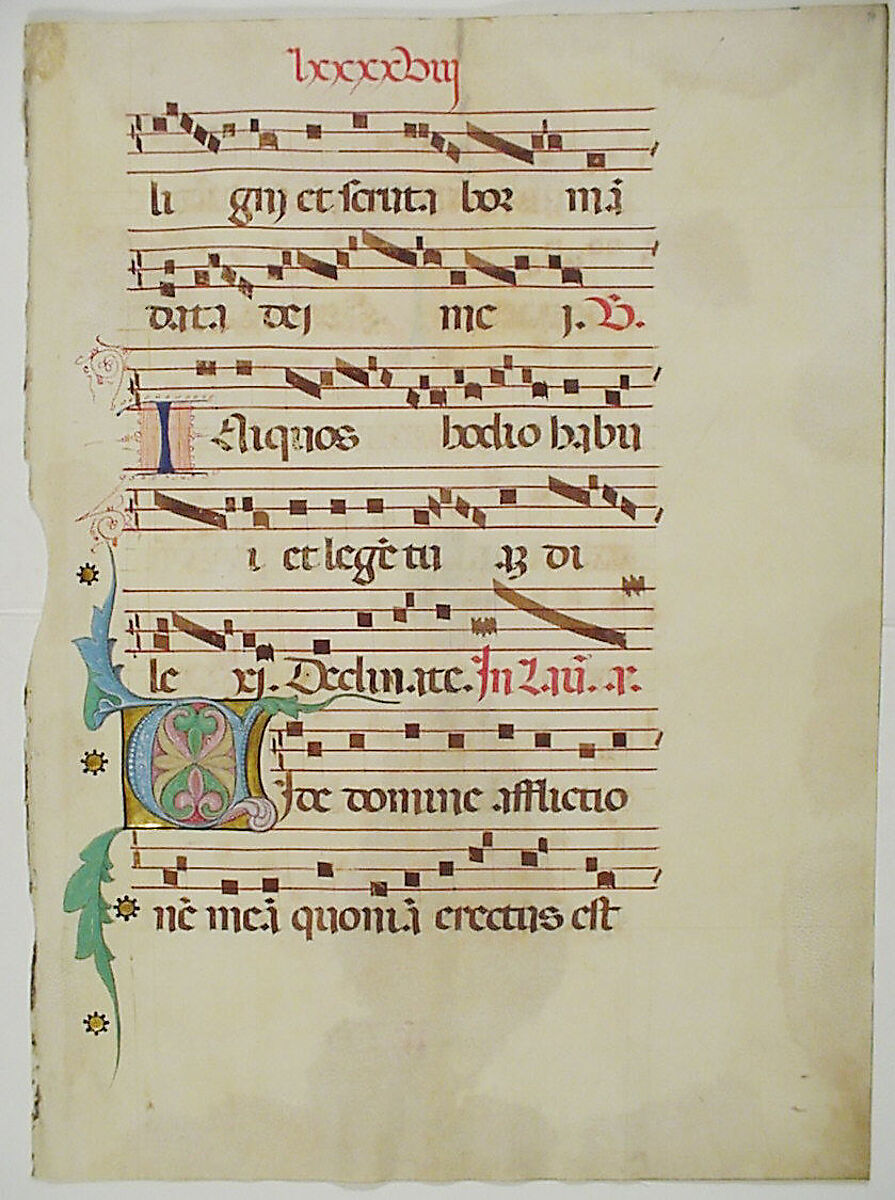 Manuscript Leaf with Initial V, from an Antiphonary, Tempera, ink, and metal leaf on parchment, Italian 