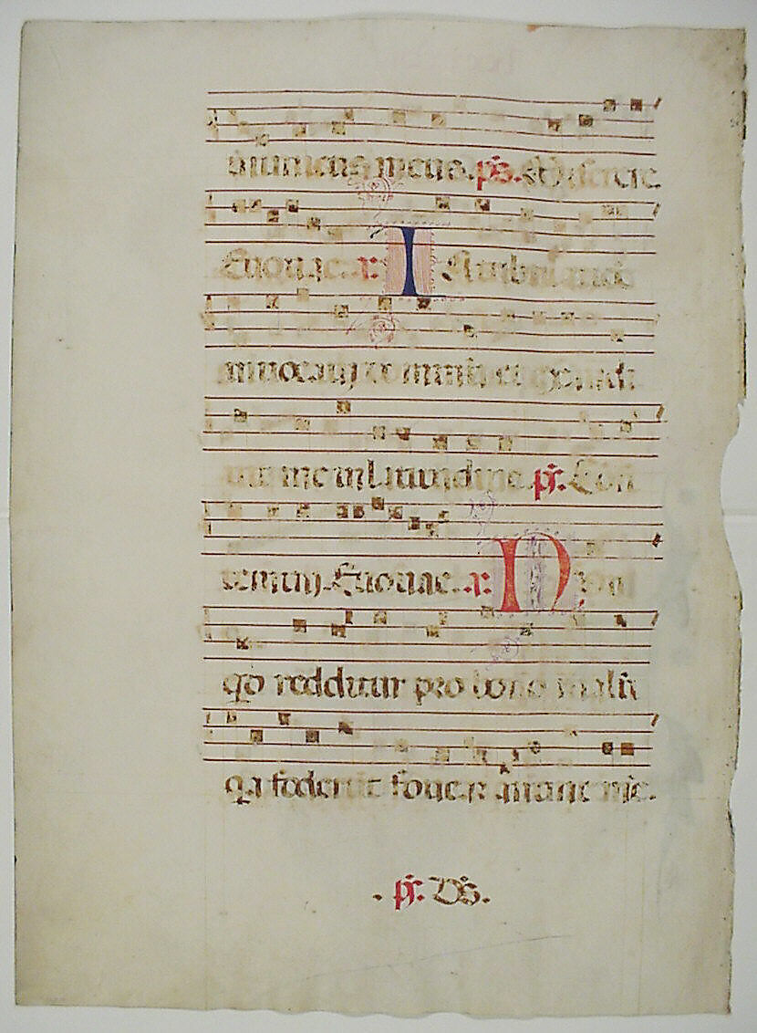 Manuscript Leaf with Initial V, from an Antiphonary, Tempera, ink, and metal leaf on parchment, Italian