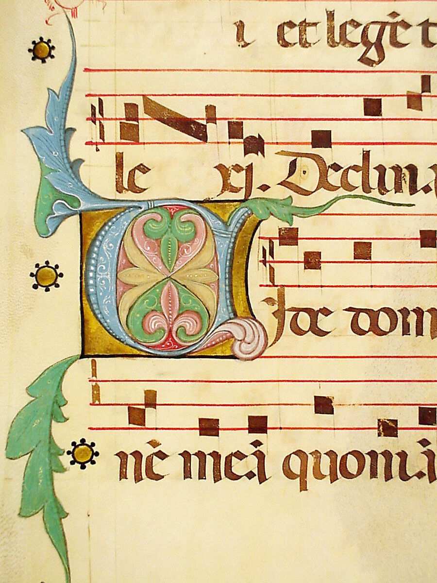 Manuscript Leaf with Initial V, from an Antiphonary, Tempera, ink, and metal leaf on parchment, Italian