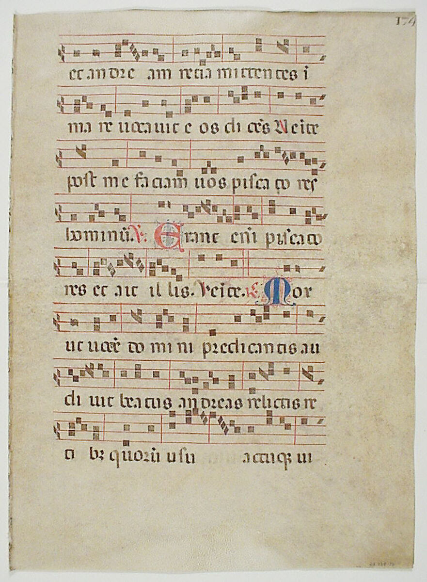 Bifolium from an Antiphonary, Tempera, ink, and metal leaf on parchment, Italian 