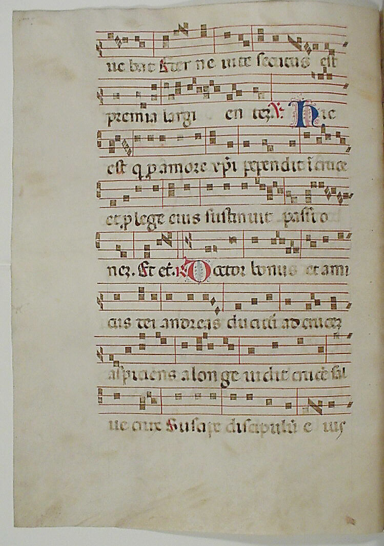 Bifolium from an Antiphonary, Tempera, ink, and metal leaf on parchment, Italian