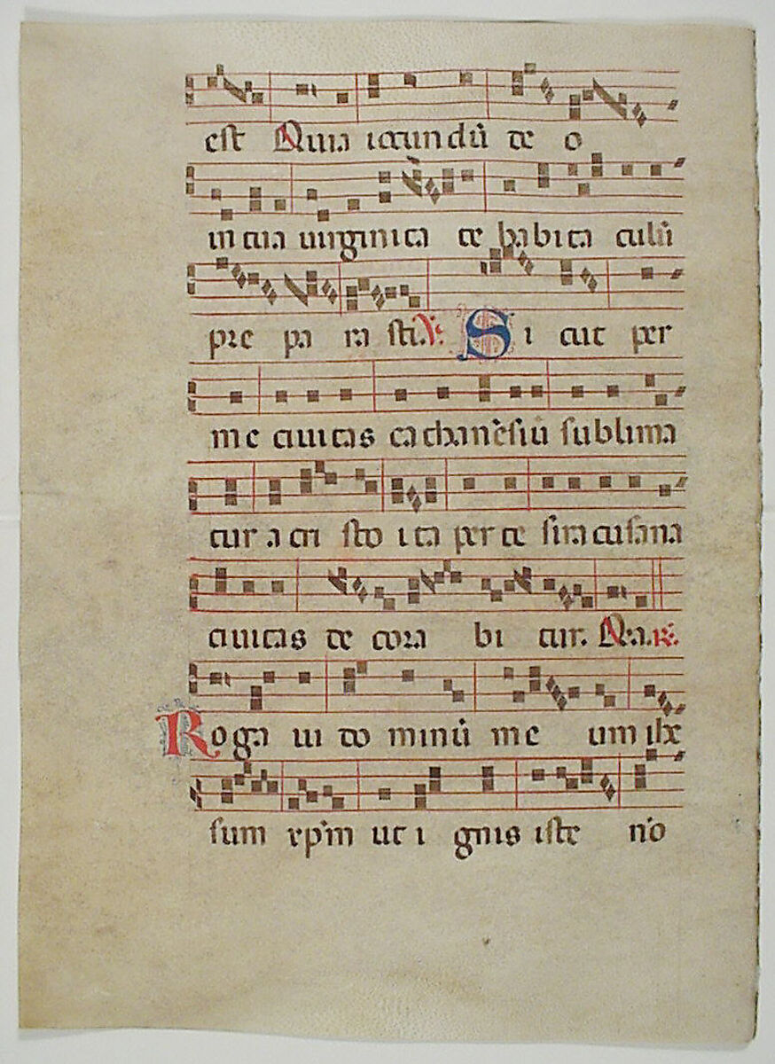 Bifolium with Initial L, from an Antiphonary, Tempera, ink, and metal leaf on parchment, Italian