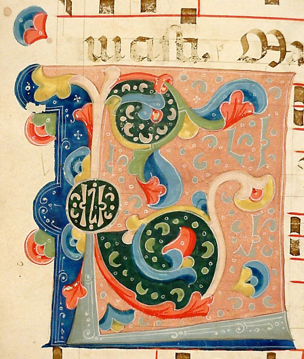 Bifolium with Initial L, from an Antiphonary, Tempera, ink, and metal leaf on parchment, Italian