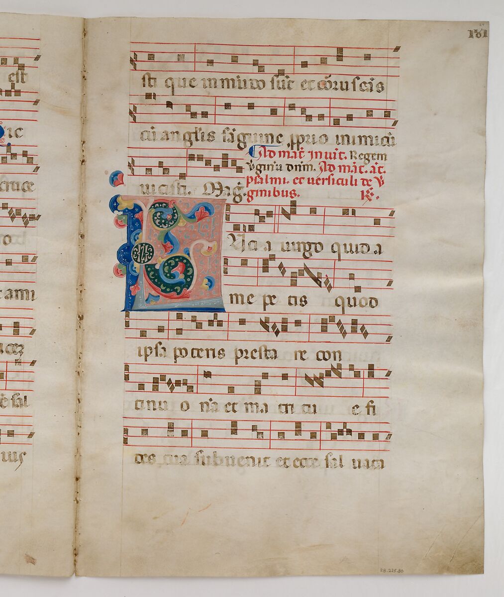 Bifolium with Initial L, from an Antiphonary, Tempera, ink, and metal leaf on parchment, Italian