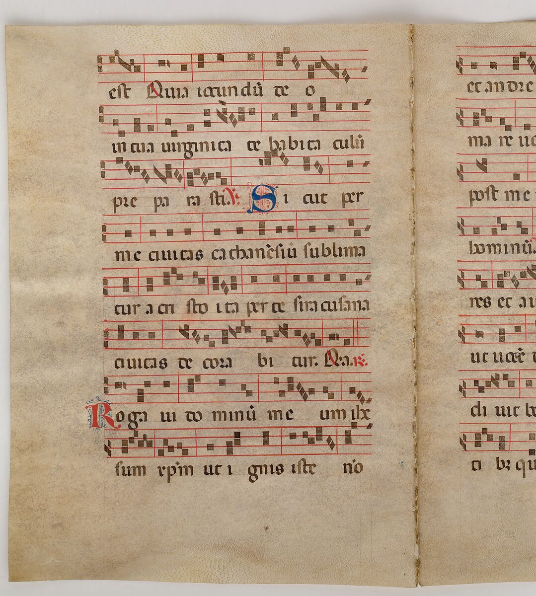 Bifolium with Initial L, from an Antiphonary, Tempera, ink, and metal leaf on parchment, Italian