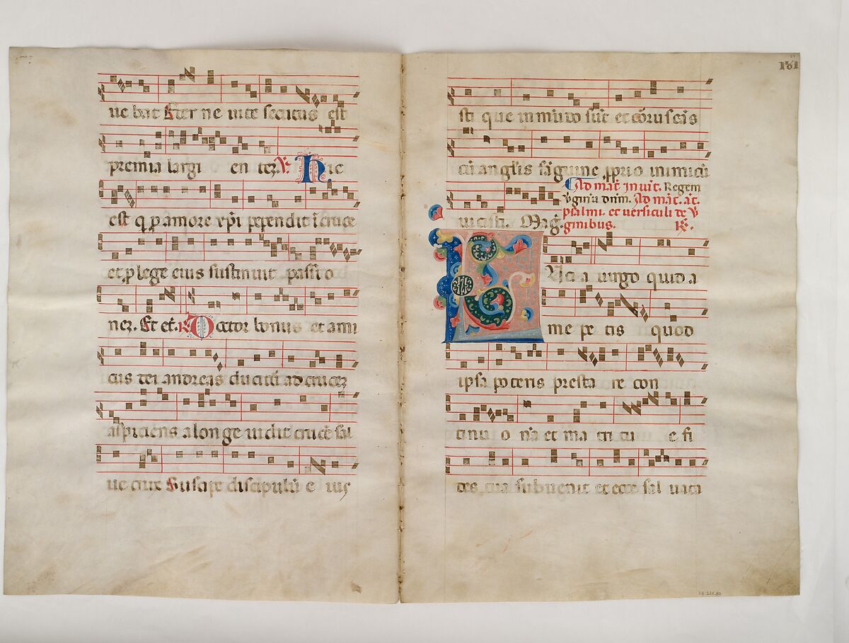 Bifolium with Initial L, from an Antiphonary, Tempera, ink, and metal leaf on parchment, Italian 