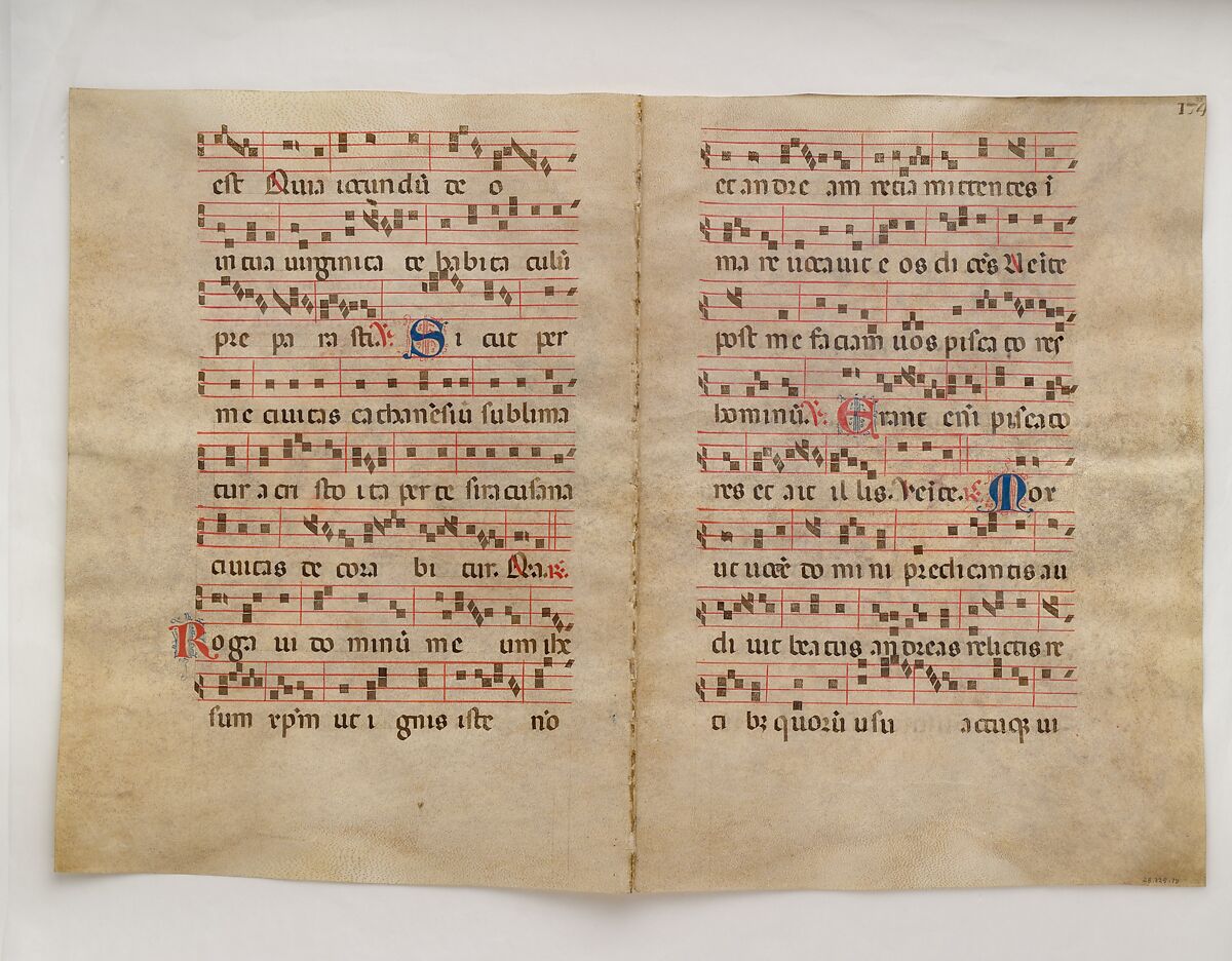 Bifolium with Initial L, from an Antiphonary, Tempera, ink, and metal leaf on parchment, Italian
