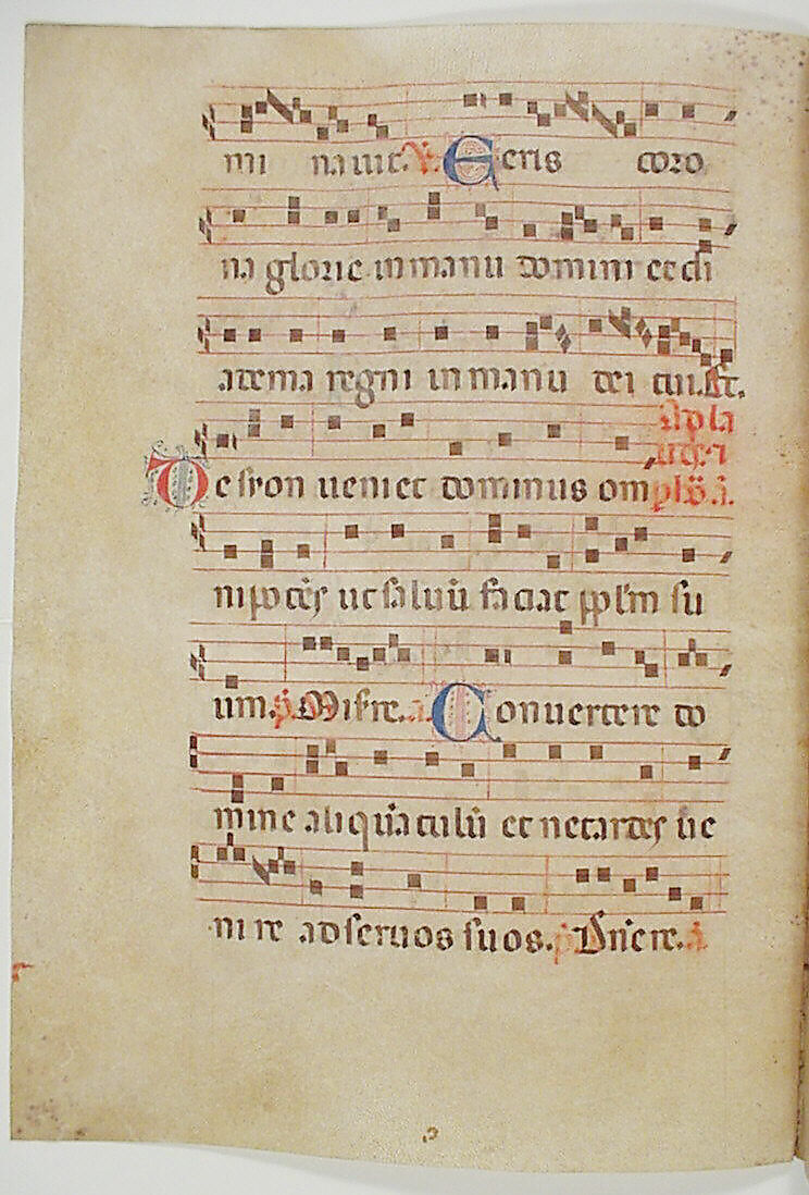 Bifolium from an Antiphonary, Tempera, ink, and metal leaf on parchment, Italian