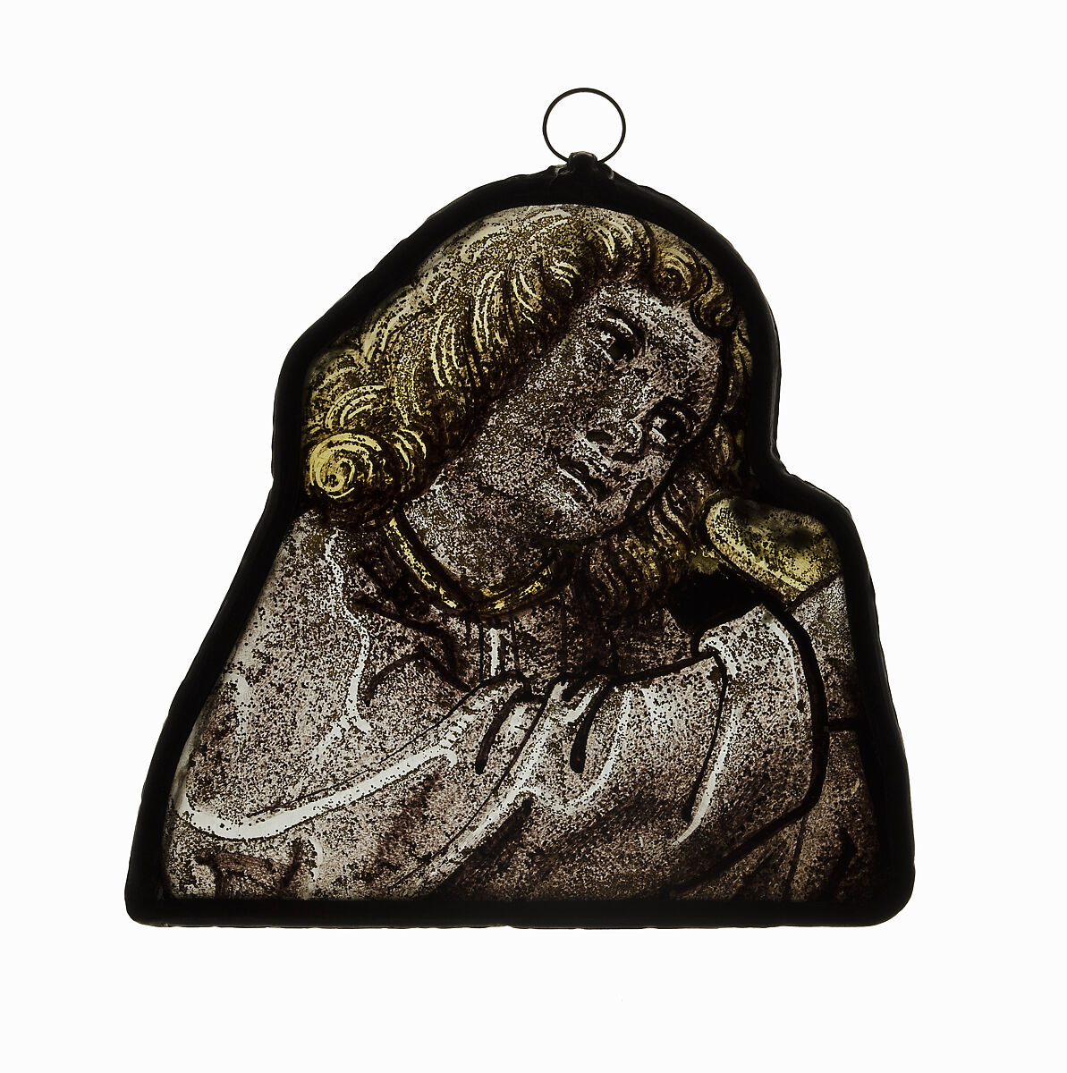 Glass Panel of Head of Angel, Clear glass, paint, silver stain, German or Swiss 