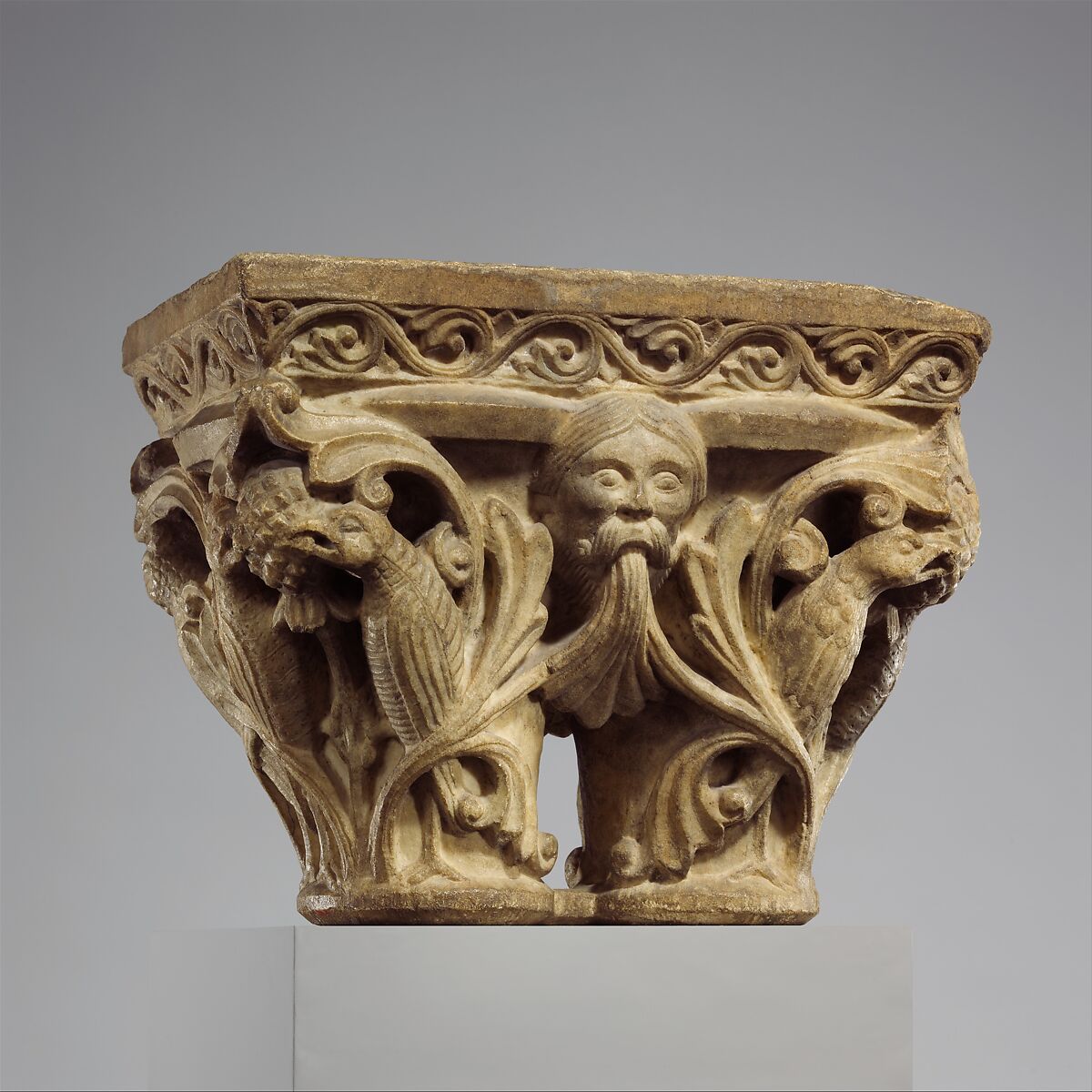Double Capital with Masks and Birds, White marble, French