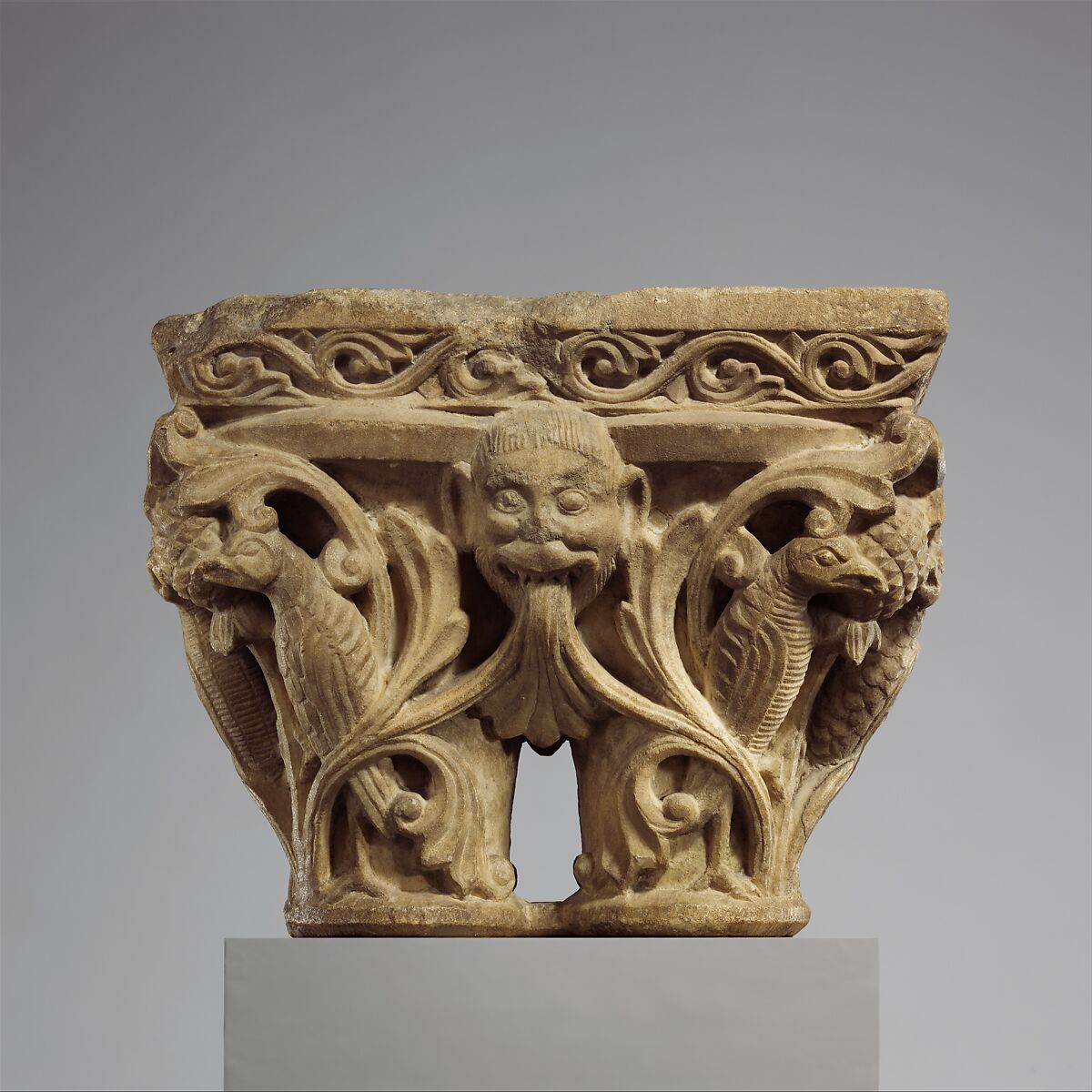 Double Capital with Masks and Birds, White marble, French