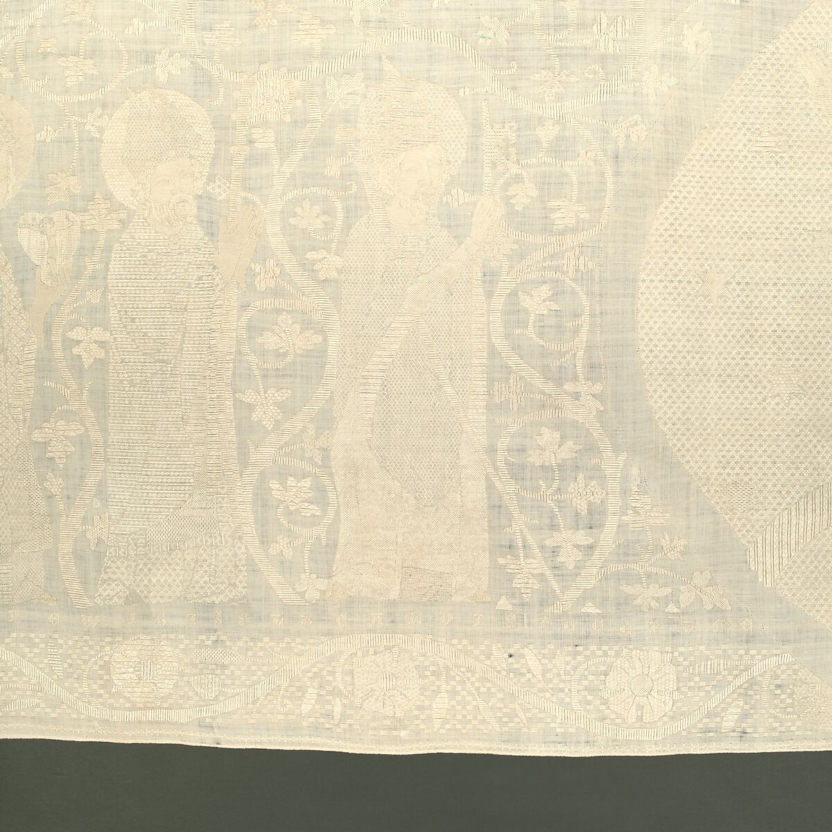 Altarcloth, Sophia, Hadewigis, and Lucardis, Linen embroidered with satin, chain, chevron, and Roumanian stitches, German