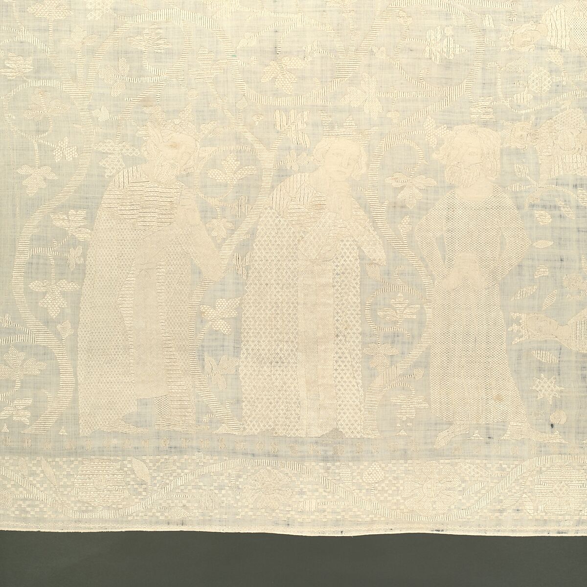 Altarcloth, Sophia, Hadewigis, and Lucardis, Linen embroidered with satin, chain, chevron, and Roumanian stitches, German