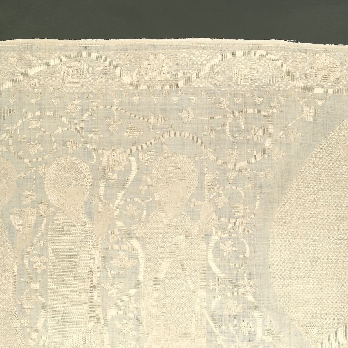 Altarcloth, Sophia, Hadewigis, and Lucardis, Linen embroidered with satin, chain, chevron, and Roumanian stitches, German