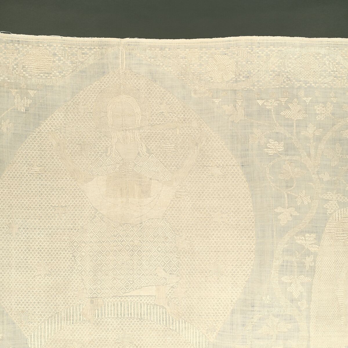 Altarcloth, Sophia, Hadewigis, and Lucardis, Linen embroidered with satin, chain, chevron, and Roumanian stitches, German