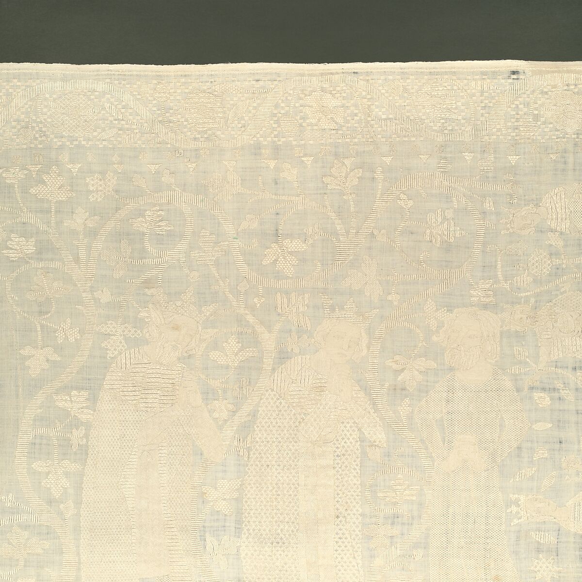 Altarcloth, Sophia, Hadewigis, and Lucardis, Linen embroidered with satin, chain, chevron, and Roumanian stitches, German