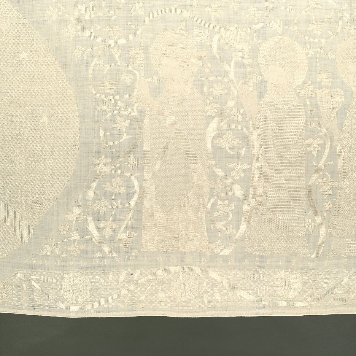 Altarcloth, Sophia, Hadewigis, and Lucardis, Linen embroidered with satin, chain, chevron, and Roumanian stitches, German