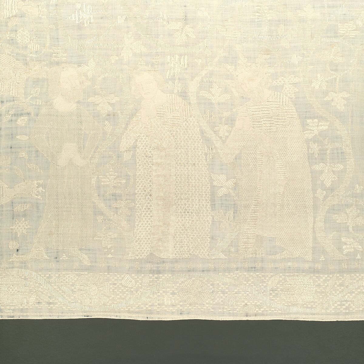 Altarcloth, Sophia, Hadewigis, and Lucardis, Linen embroidered with satin, chain, chevron, and Roumanian stitches, German