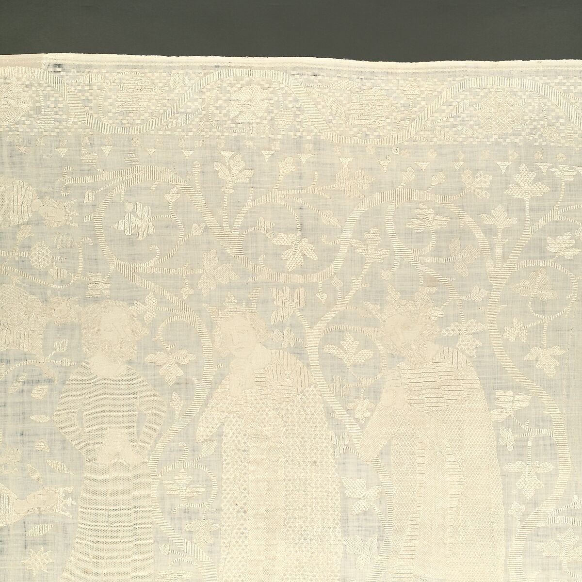 Altarcloth, Sophia, Hadewigis, and Lucardis, Linen embroidered with satin, chain, chevron, and Roumanian stitches, German