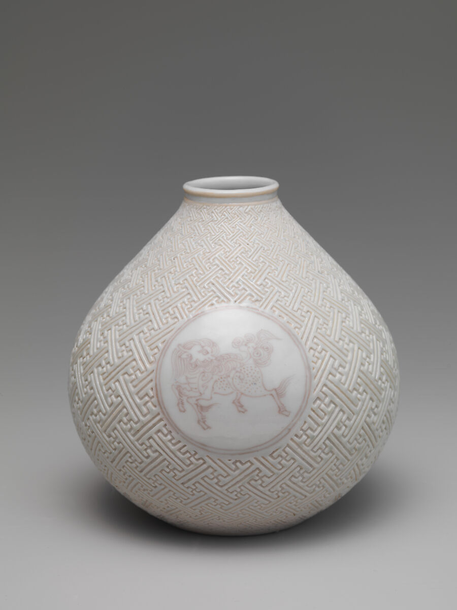 Vase with Horse and Kirin on Geometric Sayagata (key fret) Pattern (one of a pair), Style of Makuzu Kōzan I (Miyagawa Toranosuke) (Japanese, 1842–1916), Porcelain with incised design and underglaze red, Japan 