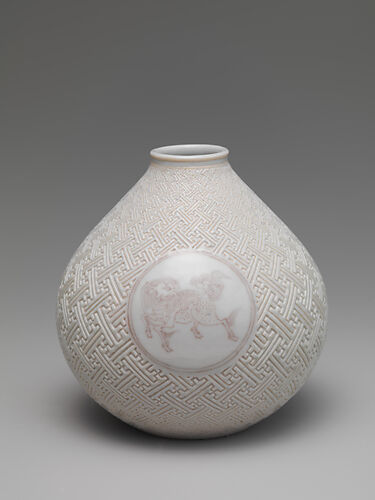 Vase with Horse and Kirin on Geometric Sayagata (key fret) Pattern (one of a pair)