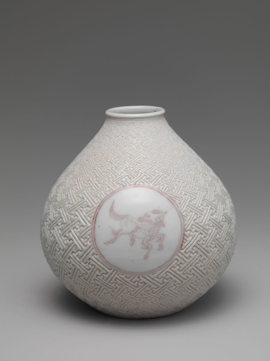 Vase with Horse and Kirin on Geometric Sayagata (key fret) Pattern (one of a pair), Style of Makuzu Kōzan I (Miyagawa Toranosuke) (Japanese, 1842–1916), Porcelain with incised design and underglaze red, Japan 